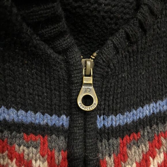 Pendleton Vintage Wool Knit Aztec Southwestern Zip Up Sweater Black Red Men's XL - Picture 6 of 9